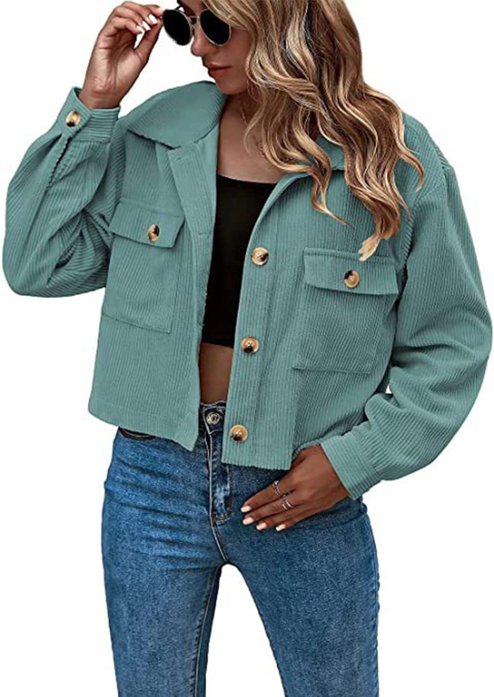 imageGihuo Womens Fashion Cropped Shacket Button Down Corduroy Shacket Jackets Casual Plaid Long Sleeve Crop Jackets TopsGreen