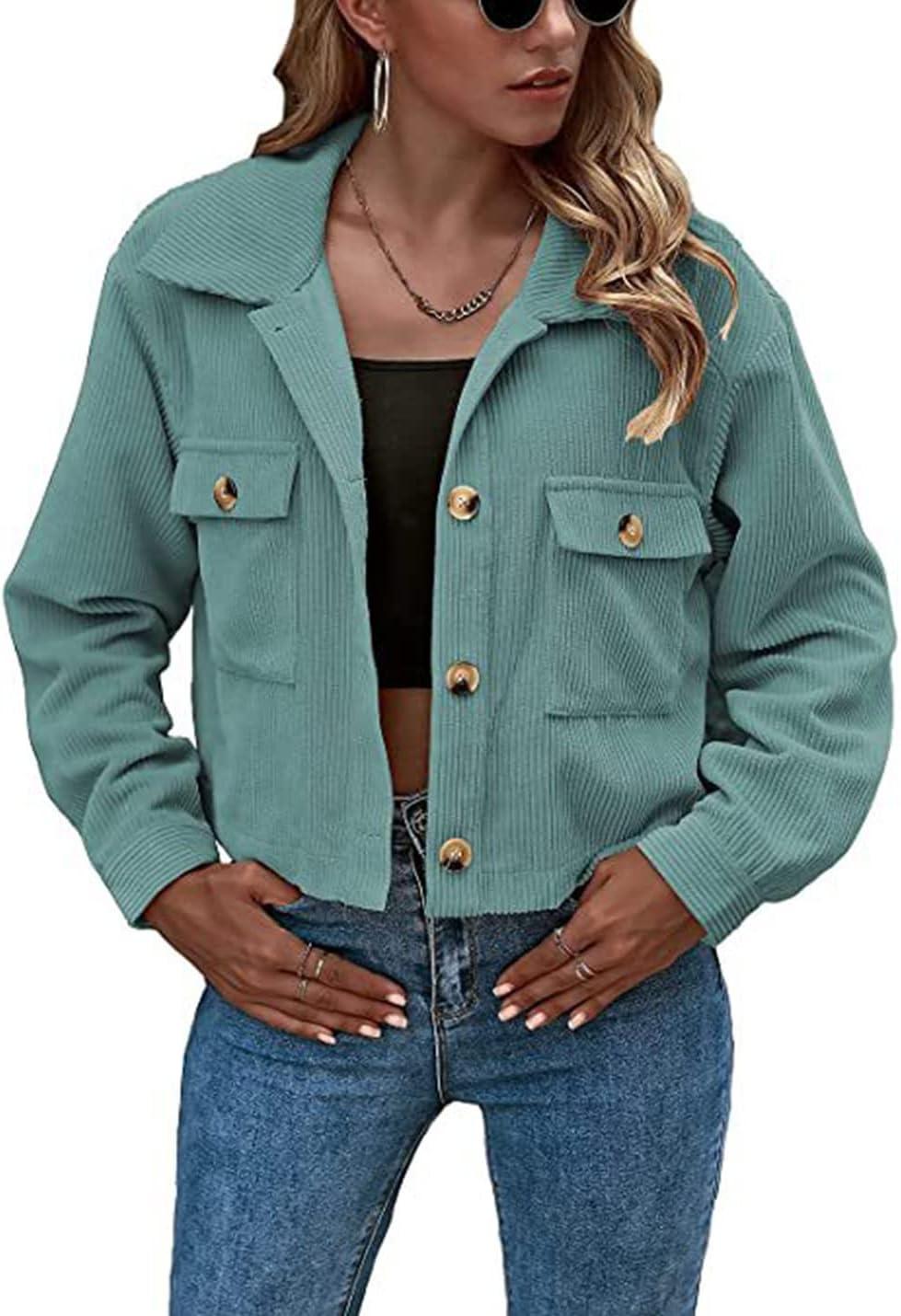 imageGihuo Womens Fashion Cropped Shacket Button Down Corduroy Shacket Jackets Casual Plaid Long Sleeve Crop Jackets TopsGreen