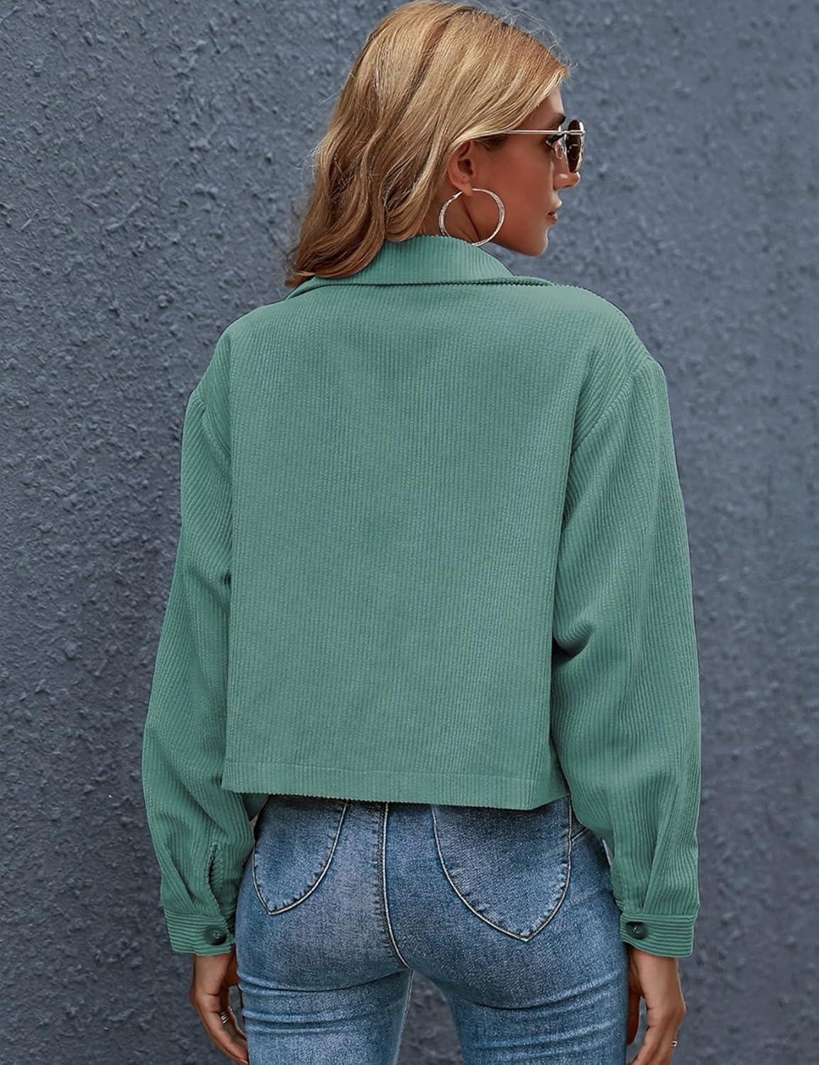 imageGihuo Womens Fashion Cropped Shacket Button Down Corduroy Shacket Jackets Casual Plaid Long Sleeve Crop Jackets TopsGreen