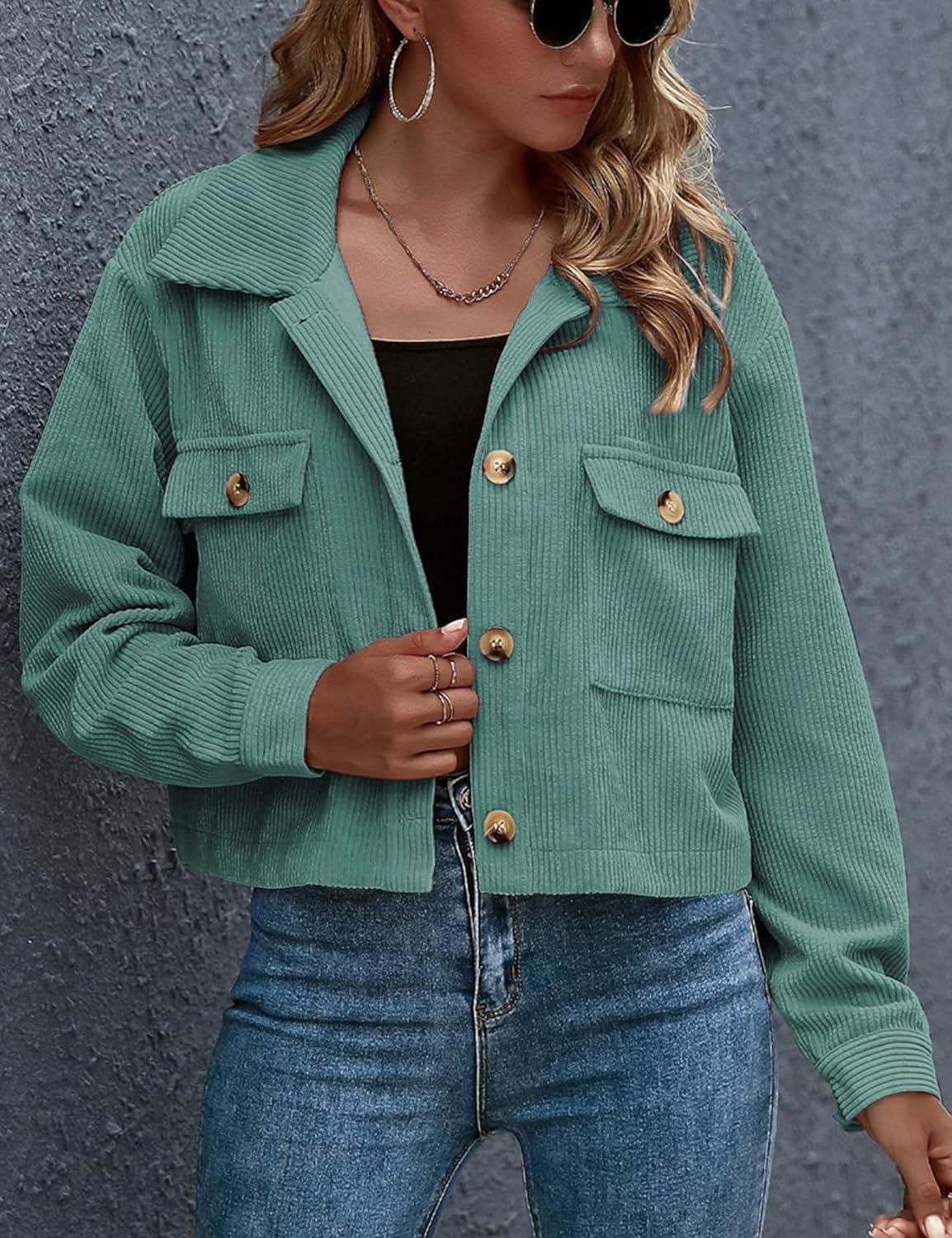 imageGihuo Womens Fashion Cropped Shacket Button Down Corduroy Shacket Jackets Casual Plaid Long Sleeve Crop Jackets TopsGreen