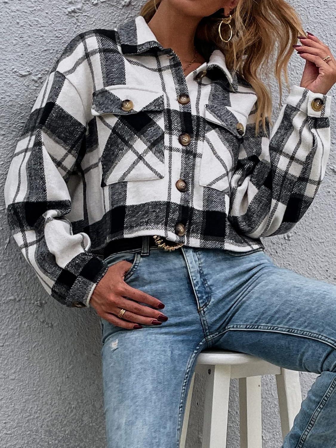 imageGihuo Womens Fashion Cropped Shacket Button Down Corduroy Shacket Jackets Casual Plaid Long Sleeve Crop Jackets TopsPlaid Black