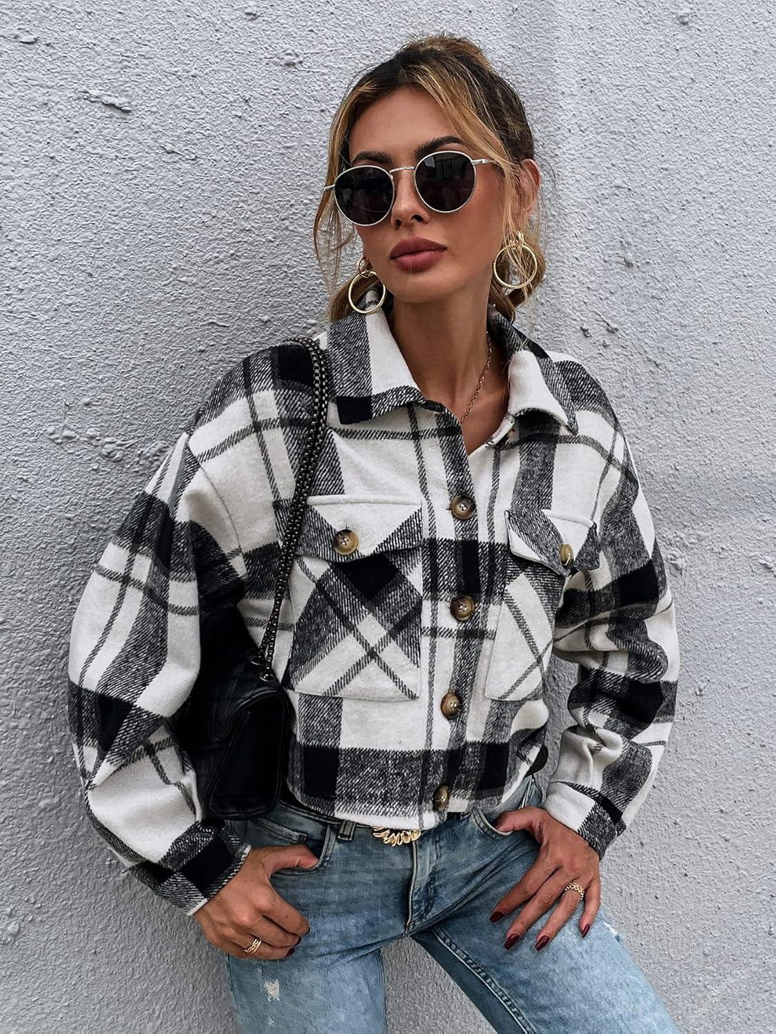 imageGihuo Womens Fashion Cropped Shacket Button Down Corduroy Shacket Jackets Casual Plaid Long Sleeve Crop Jackets TopsPlaid Black