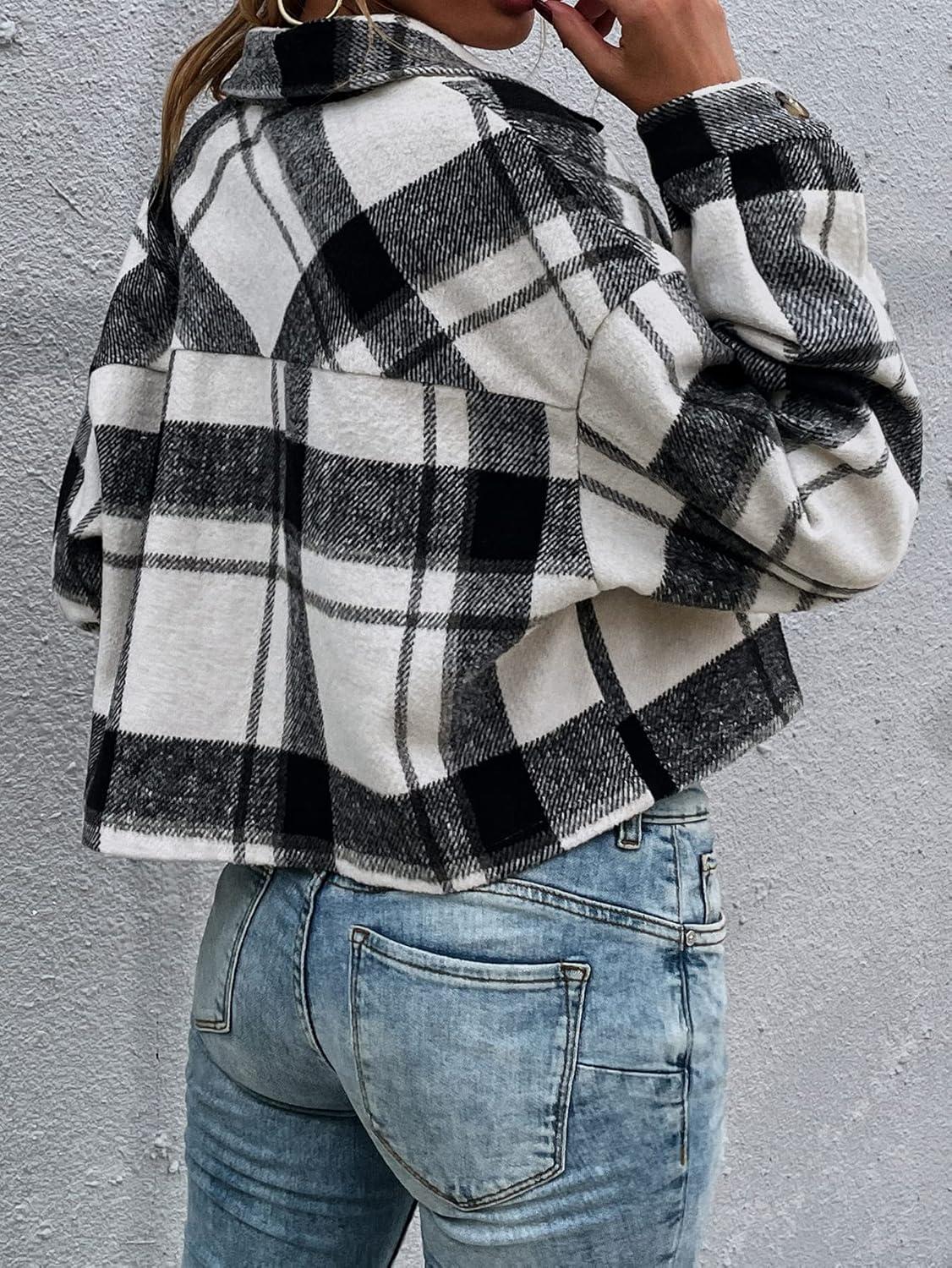imageGihuo Womens Fashion Cropped Shacket Button Down Corduroy Shacket Jackets Casual Plaid Long Sleeve Crop Jackets TopsPlaid Black