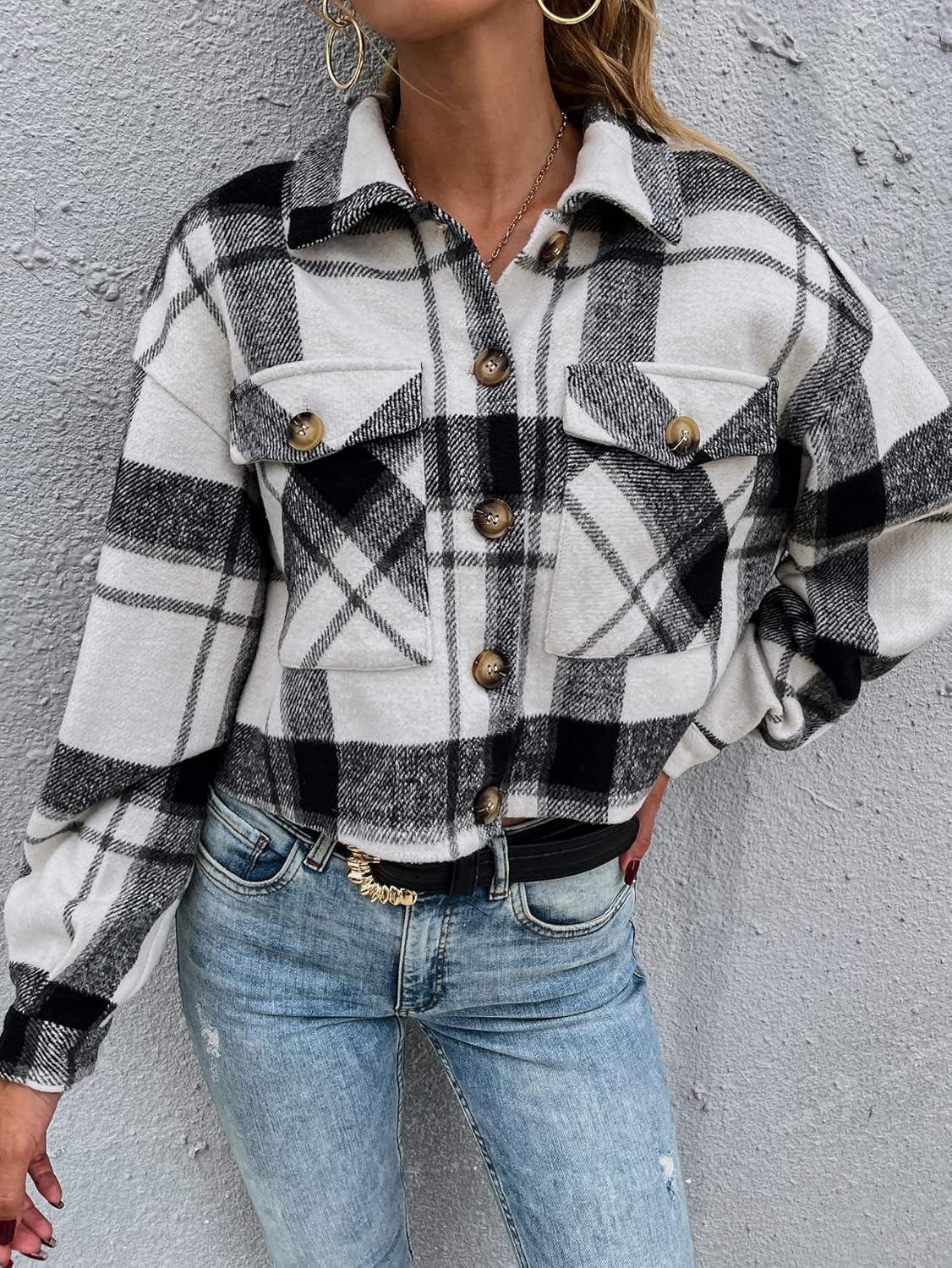 imageGihuo Womens Fashion Cropped Shacket Button Down Corduroy Shacket Jackets Casual Plaid Long Sleeve Crop Jackets TopsPlaid Black