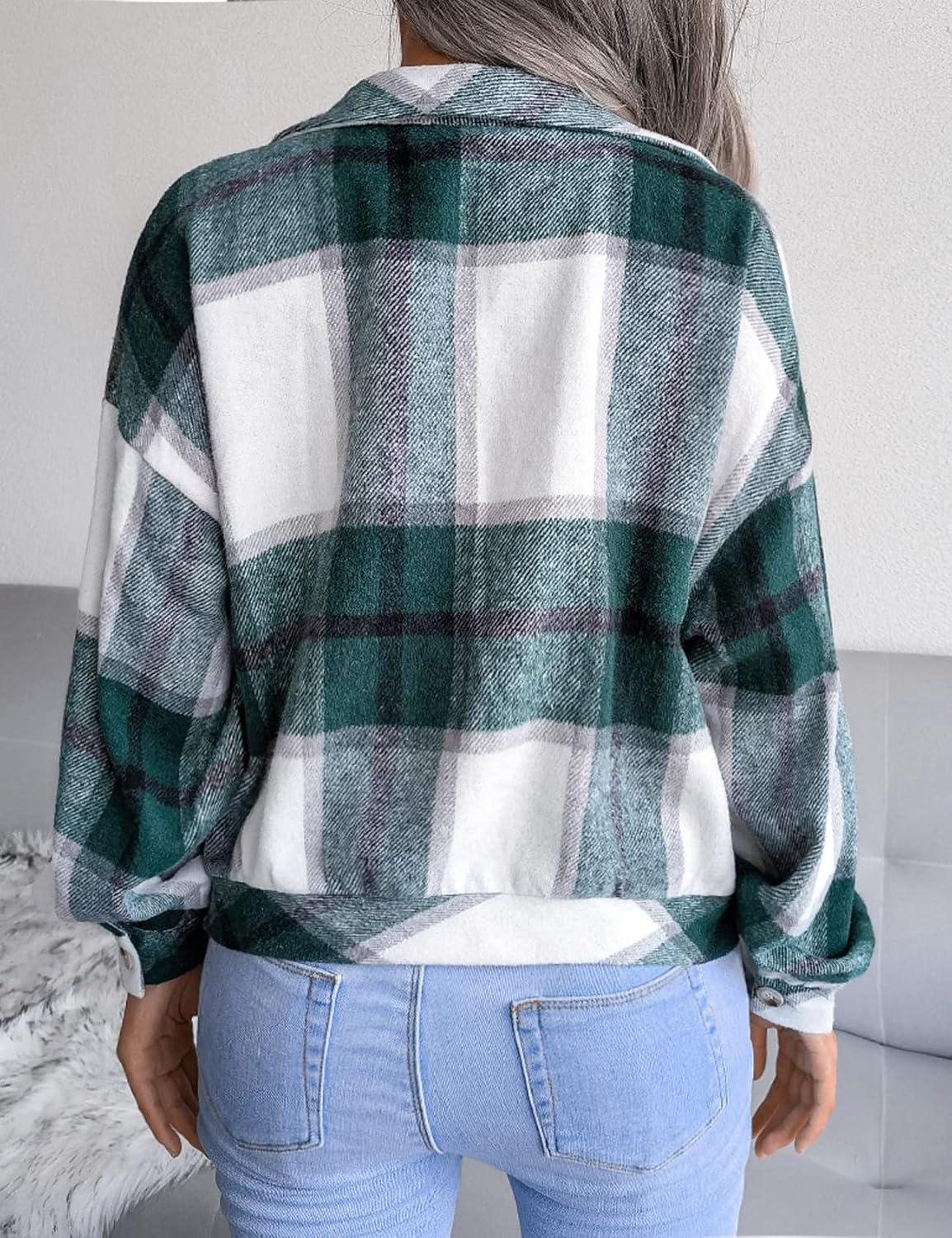 imageGihuo Womens Fashion Cropped Shacket Button Down Corduroy Shacket Jackets Casual Plaid Long Sleeve Crop Jackets TopsPlaid Green