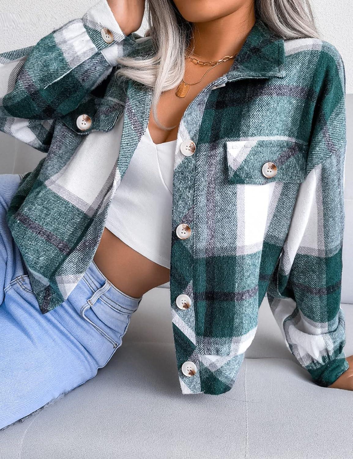 imageGihuo Womens Fashion Cropped Shacket Button Down Corduroy Shacket Jackets Casual Plaid Long Sleeve Crop Jackets TopsPlaid Green