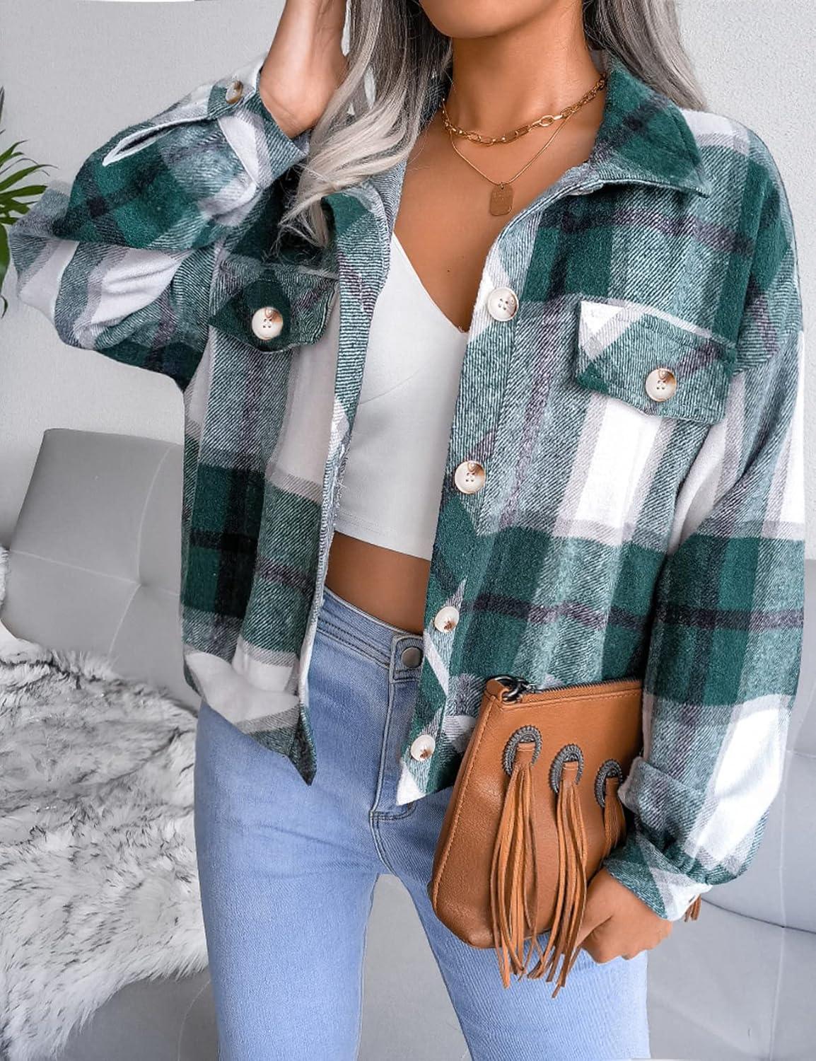 imageGihuo Womens Fashion Cropped Shacket Button Down Corduroy Shacket Jackets Casual Plaid Long Sleeve Crop Jackets TopsPlaid Green