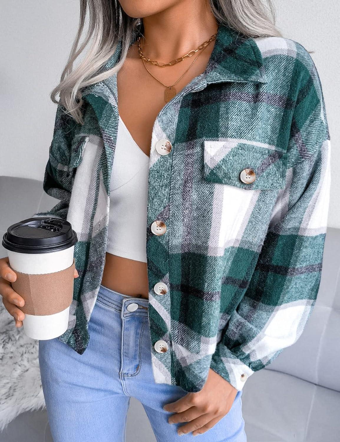imageGihuo Womens Fashion Cropped Shacket Button Down Corduroy Shacket Jackets Casual Plaid Long Sleeve Crop Jackets TopsPlaid Green