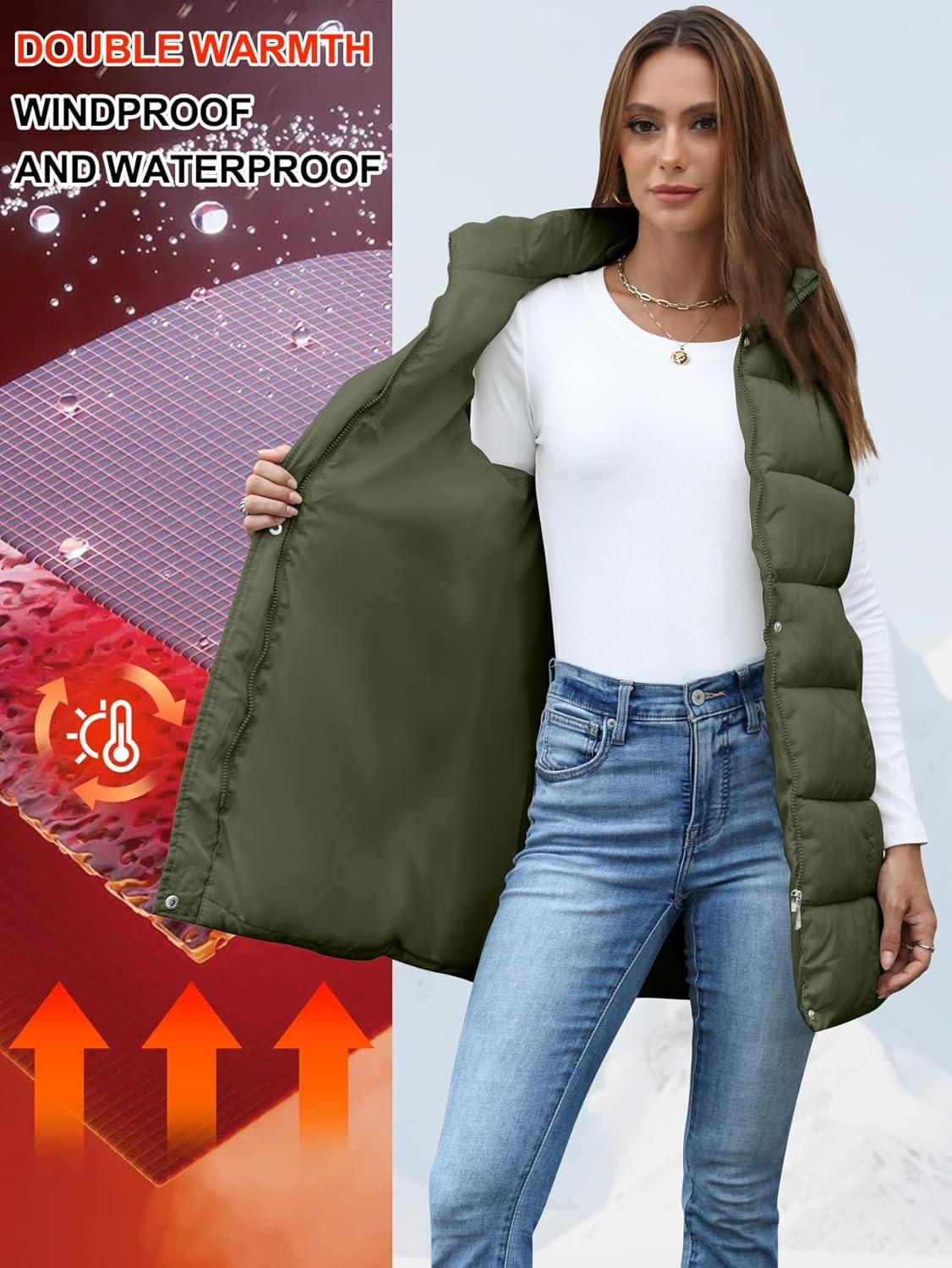 imageGihuo Womens Long Puffer Vest Winter Quilted Hooded Sleeveless Zip Up Long Jacket Vest GiletArmy Green