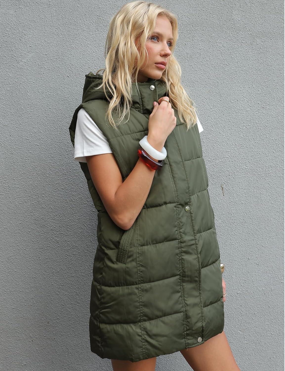 imageGihuo Womens Long Puffer Vest Winter Quilted Hooded Sleeveless Zip Up Long Jacket Vest GiletArmy Green
