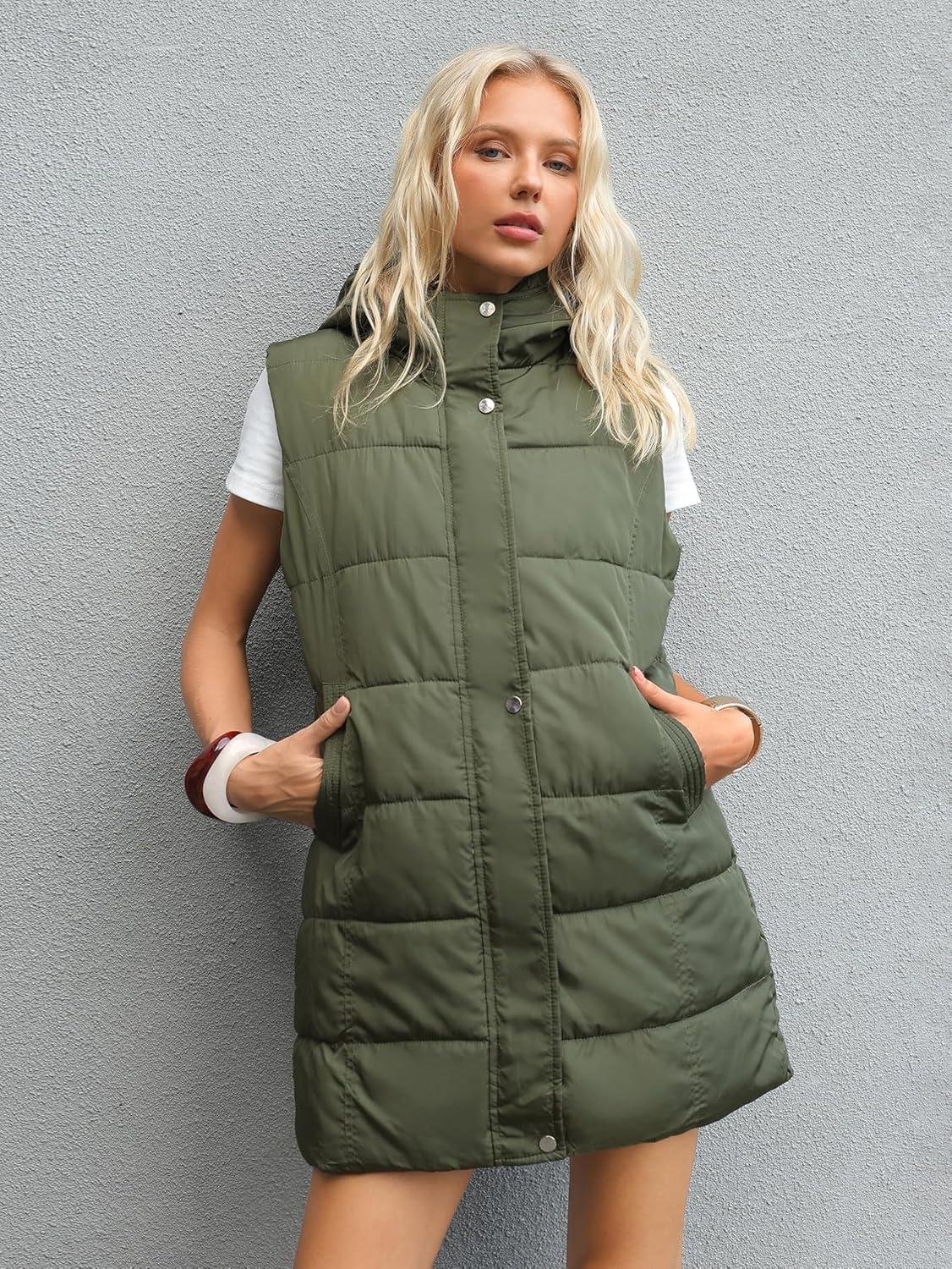 imageGihuo Womens Long Puffer Vest Winter Quilted Hooded Sleeveless Zip Up Long Jacket Vest GiletArmy Green