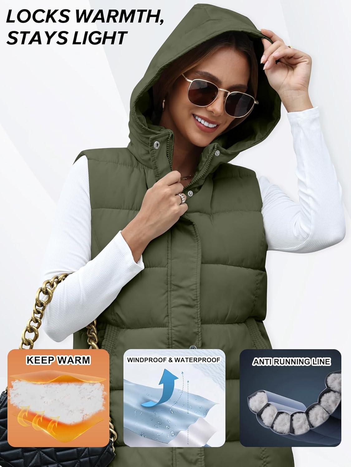 imageGihuo Womens Long Puffer Vest Winter Quilted Hooded Sleeveless Zip Up Long Jacket Vest GiletArmy Green