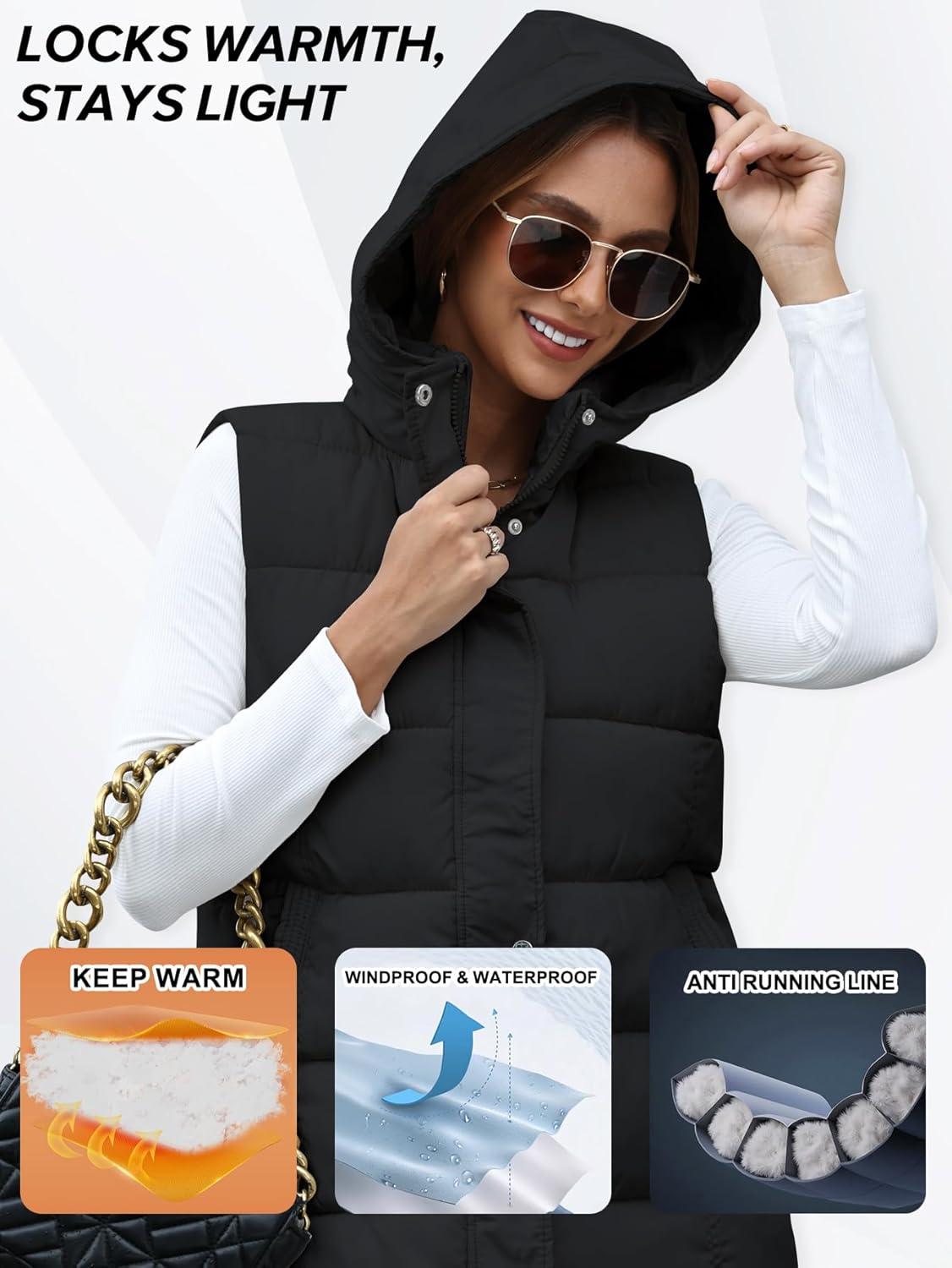 imageGihuo Womens Long Puffer Vest Winter Quilted Hooded Sleeveless Zip Up Long Jacket Vest GiletBlack