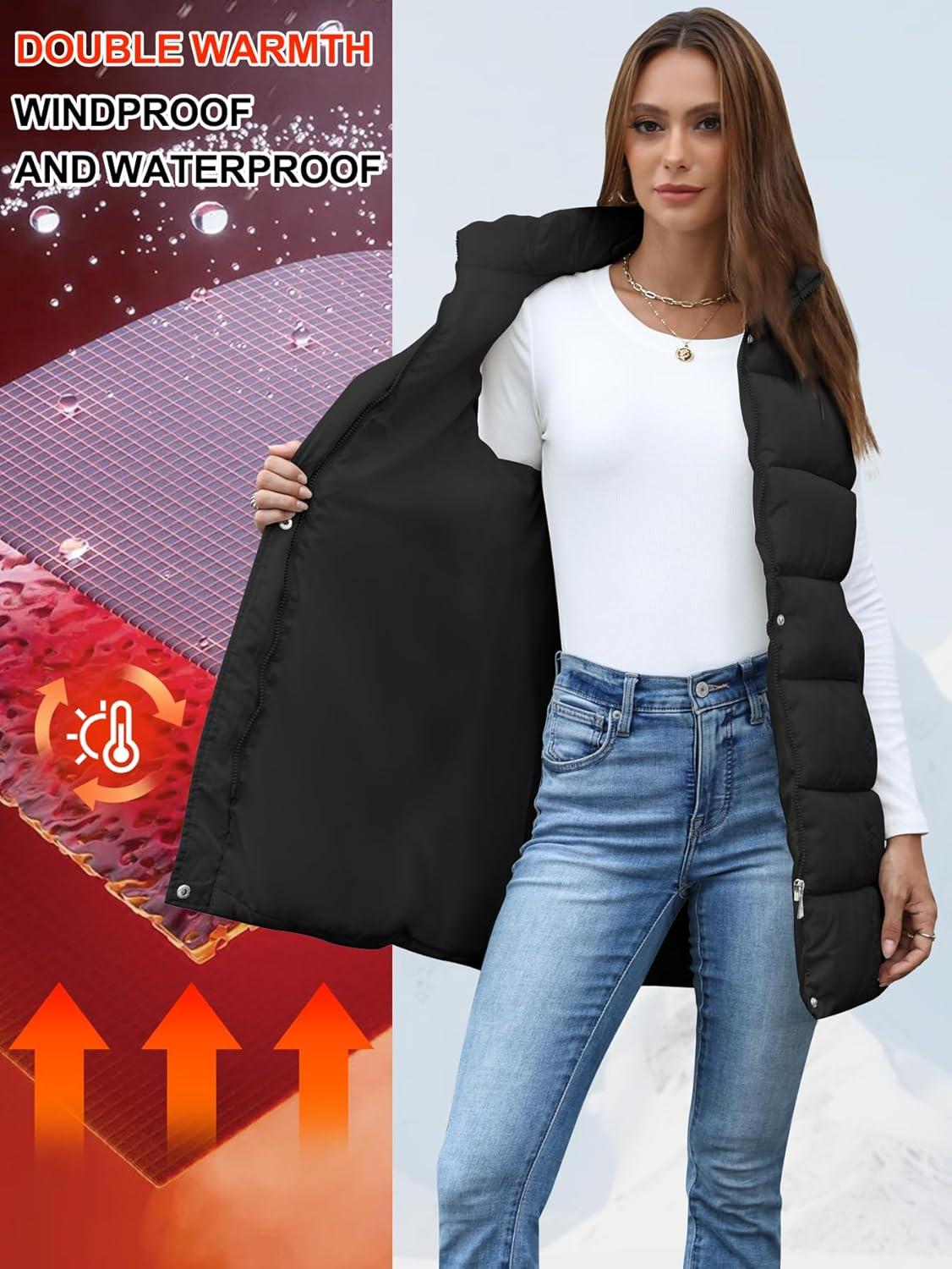 imageGihuo Womens Long Puffer Vest Winter Quilted Hooded Sleeveless Zip Up Long Jacket Vest GiletBlack
