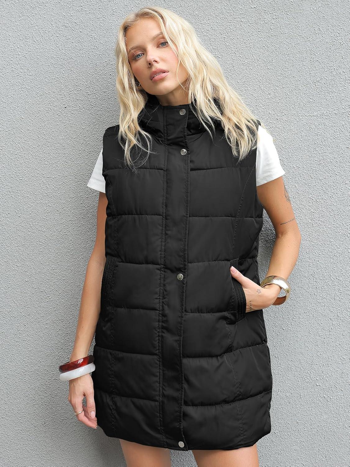 imageGihuo Womens Long Puffer Vest Winter Quilted Hooded Sleeveless Zip Up Long Jacket Vest GiletBlack