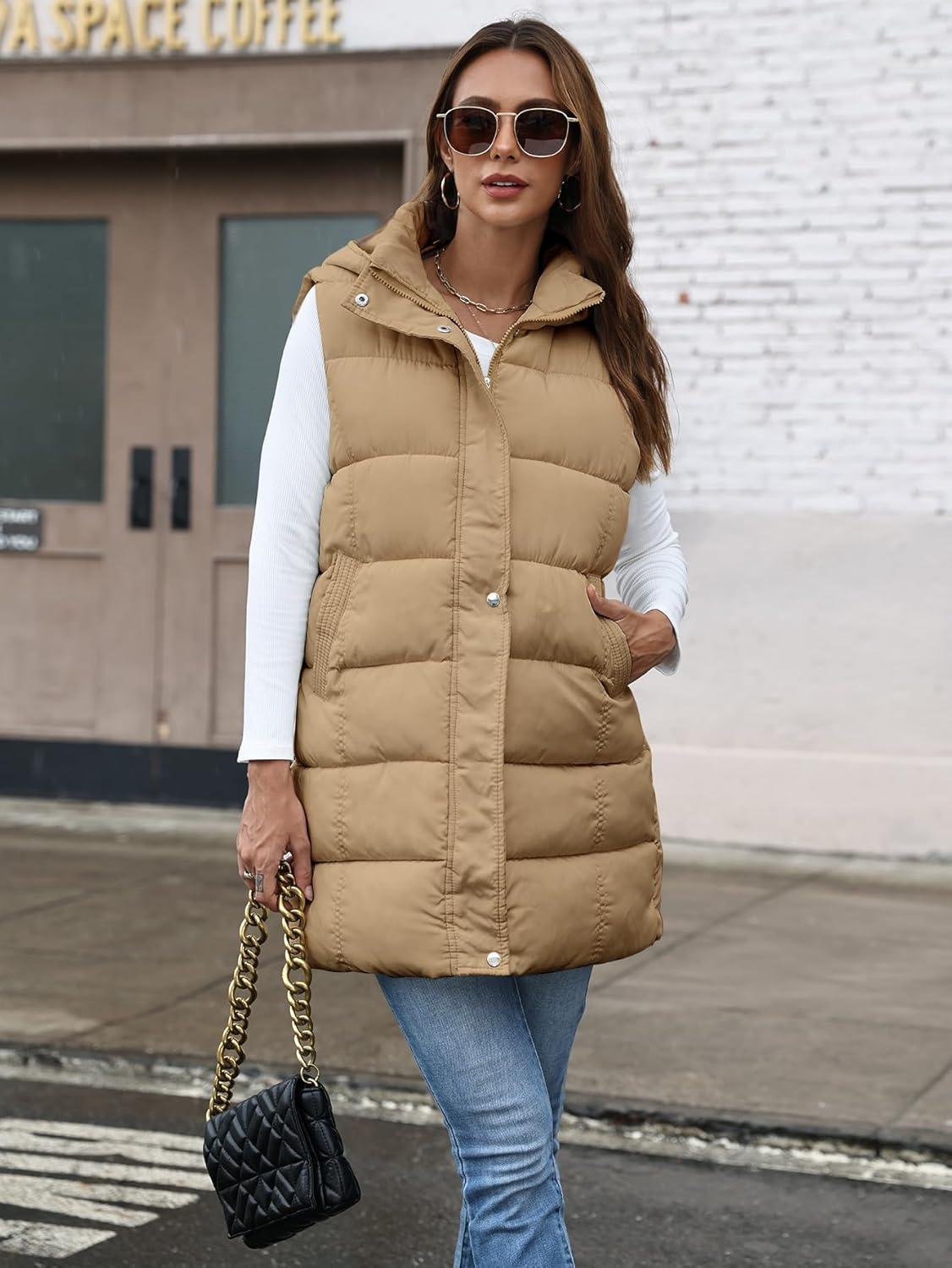 imageGihuo Womens Long Puffer Vest Winter Quilted Hooded Sleeveless Zip Up Long Jacket Vest GiletKhaki