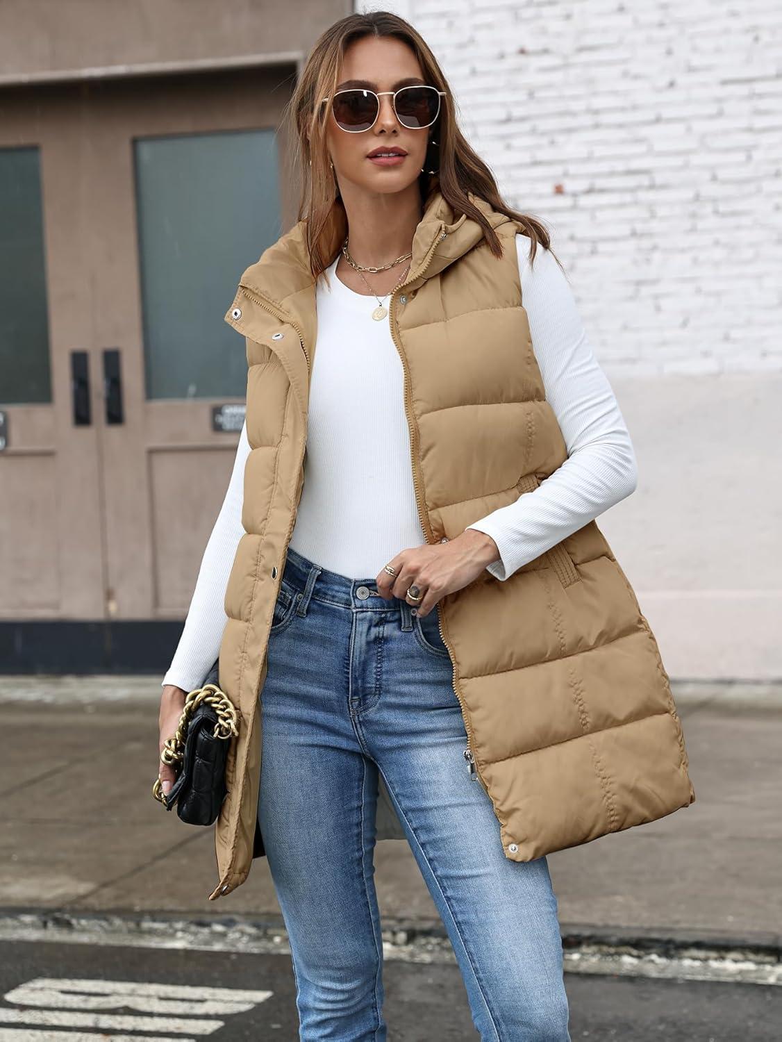 imageGihuo Womens Long Puffer Vest Winter Quilted Hooded Sleeveless Zip Up Long Jacket Vest GiletKhaki
