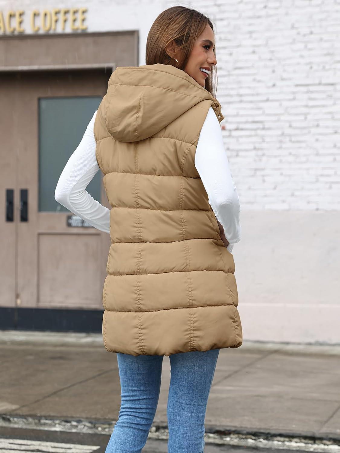 imageGihuo Womens Long Puffer Vest Winter Quilted Hooded Sleeveless Zip Up Long Jacket Vest GiletKhaki