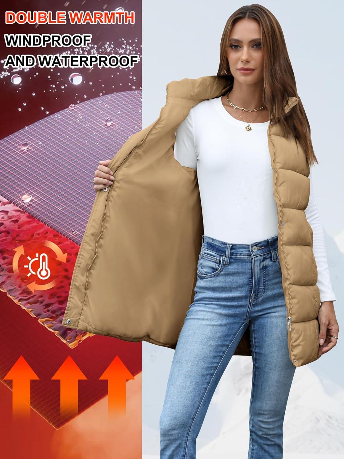 imageGihuo Womens Long Puffer Vest Winter Quilted Hooded Sleeveless Zip Up Long Jacket Vest GiletKhaki