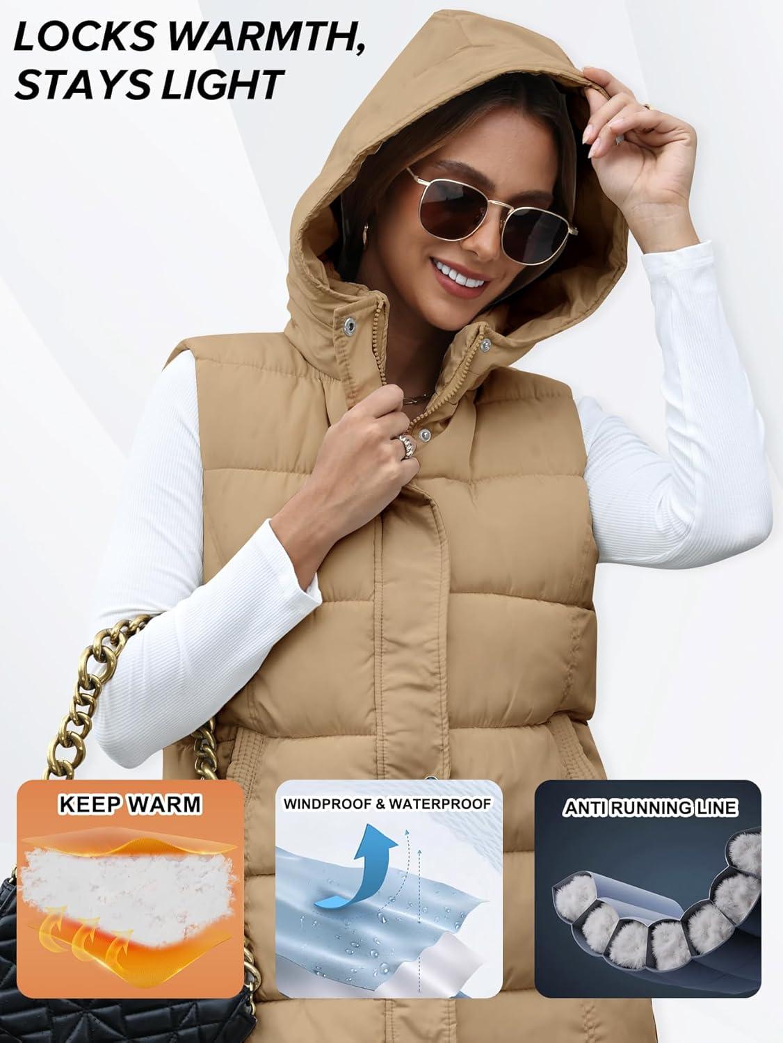 imageGihuo Womens Long Puffer Vest Winter Quilted Hooded Sleeveless Zip Up Long Jacket Vest GiletKhaki