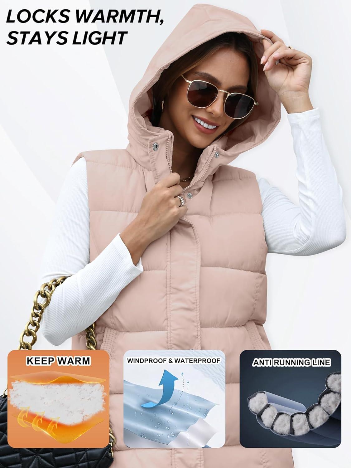 imageGihuo Womens Long Puffer Vest Winter Quilted Hooded Sleeveless Zip Up Long Jacket Vest GiletPink