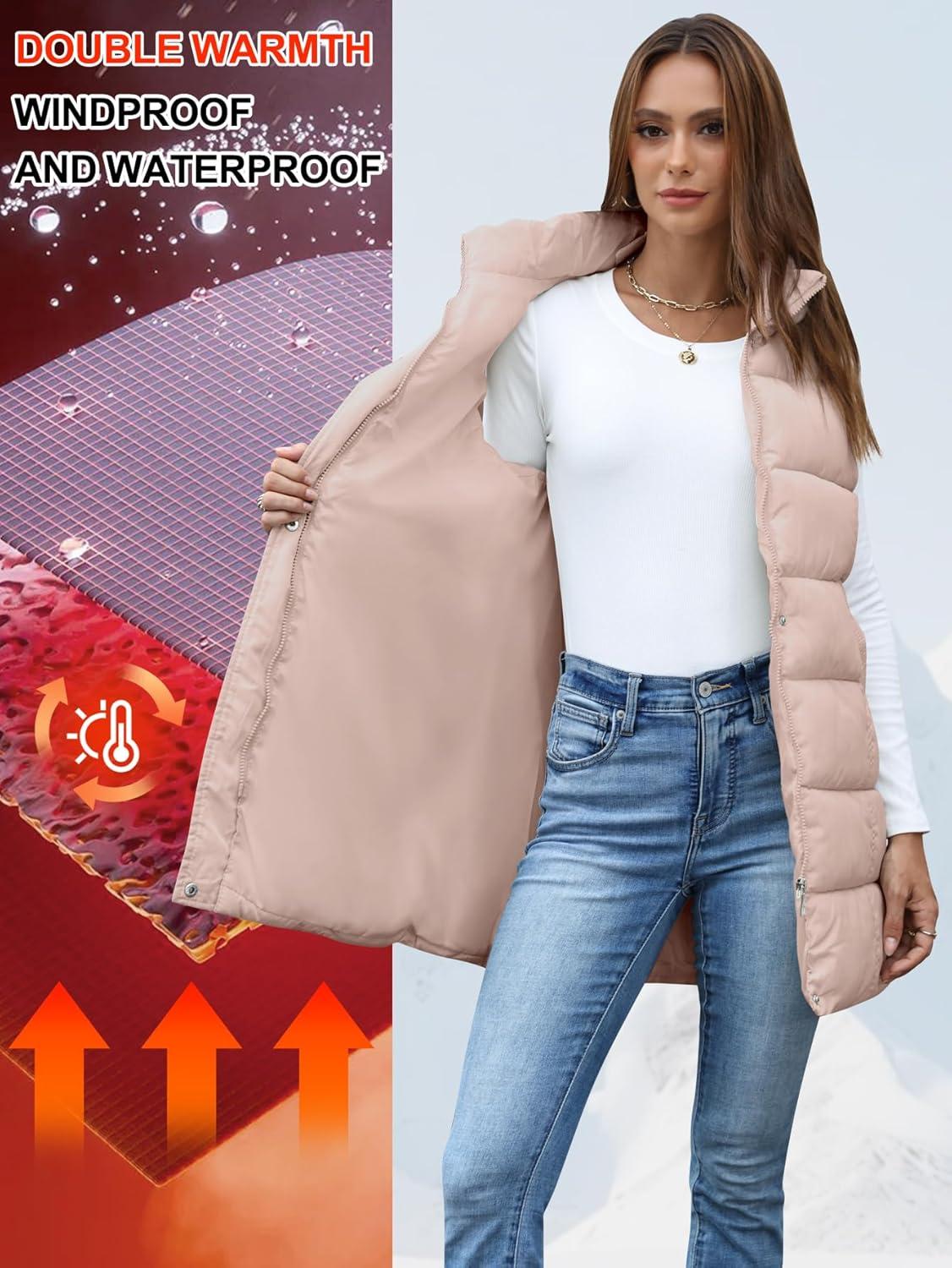imageGihuo Womens Long Puffer Vest Winter Quilted Hooded Sleeveless Zip Up Long Jacket Vest GiletPink