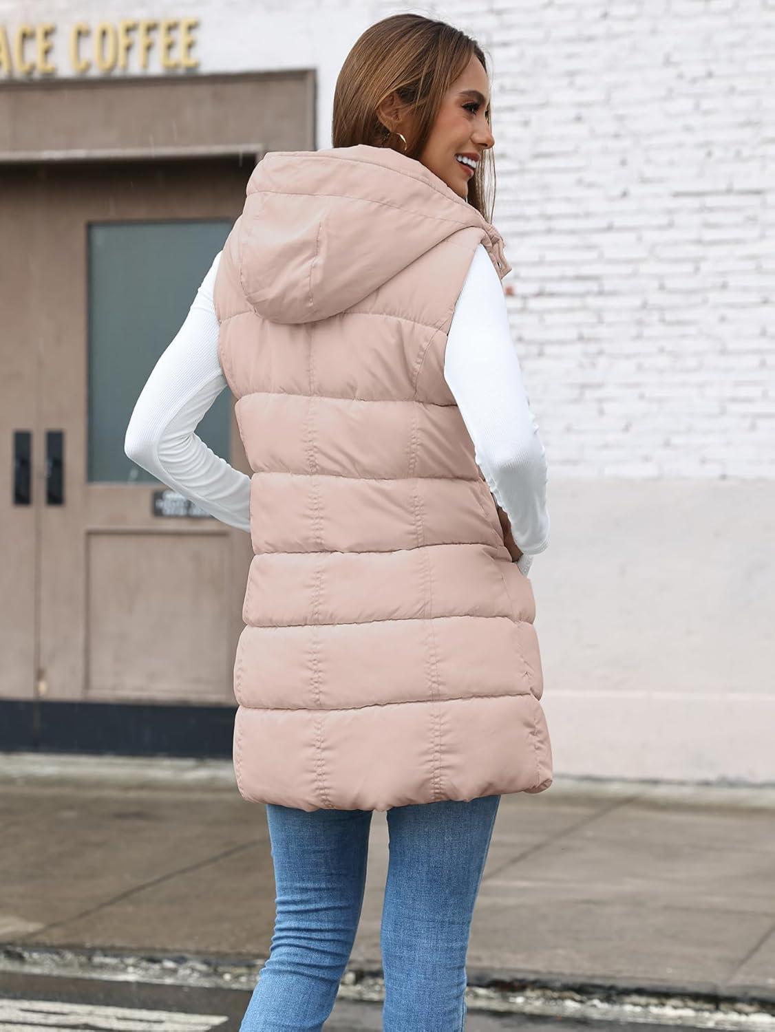 imageGihuo Womens Long Puffer Vest Winter Quilted Hooded Sleeveless Zip Up Long Jacket Vest GiletPink