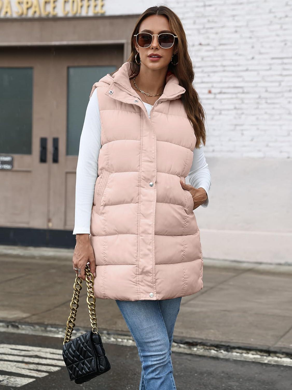 imageGihuo Womens Long Puffer Vest Winter Quilted Hooded Sleeveless Zip Up Long Jacket Vest GiletPink