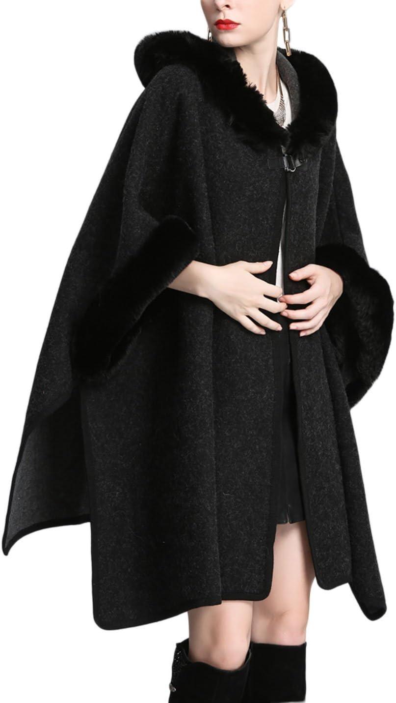 imageGihuo Womens Luxury Batwing Sleeve Faux Fur Hooded Cloak Poncho Sweater CapeBlack