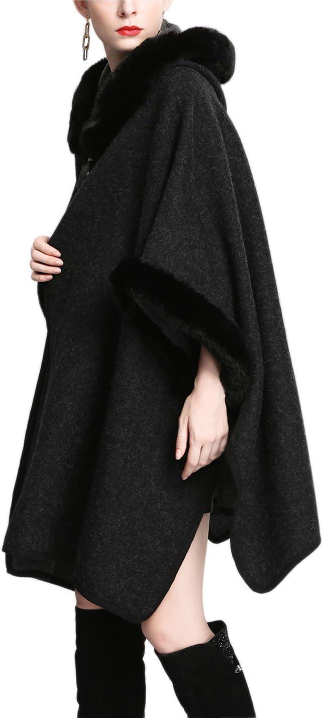 imageGihuo Womens Luxury Batwing Sleeve Faux Fur Hooded Cloak Poncho Sweater CapeBlack