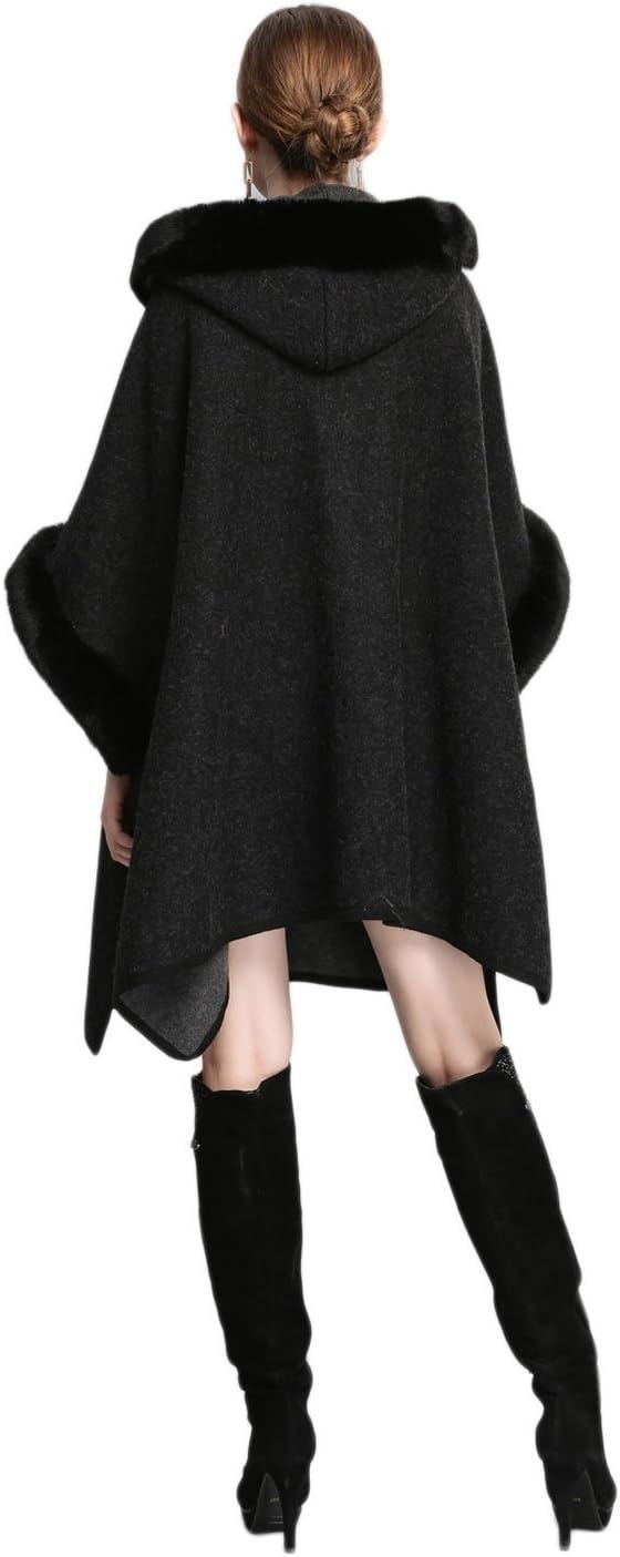 imageGihuo Womens Luxury Batwing Sleeve Faux Fur Hooded Cloak Poncho Sweater CapeBlack