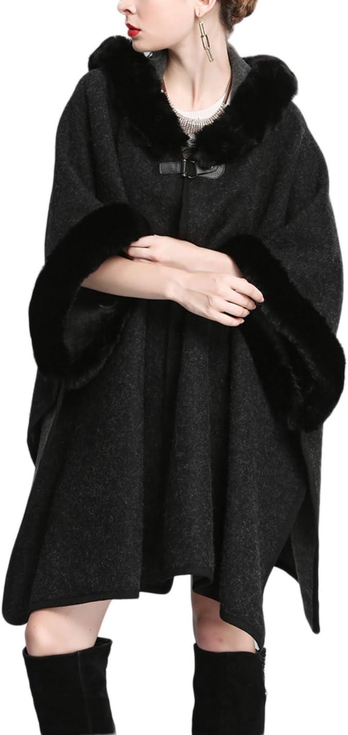 imageGihuo Womens Luxury Batwing Sleeve Faux Fur Hooded Cloak Poncho Sweater CapeBlack