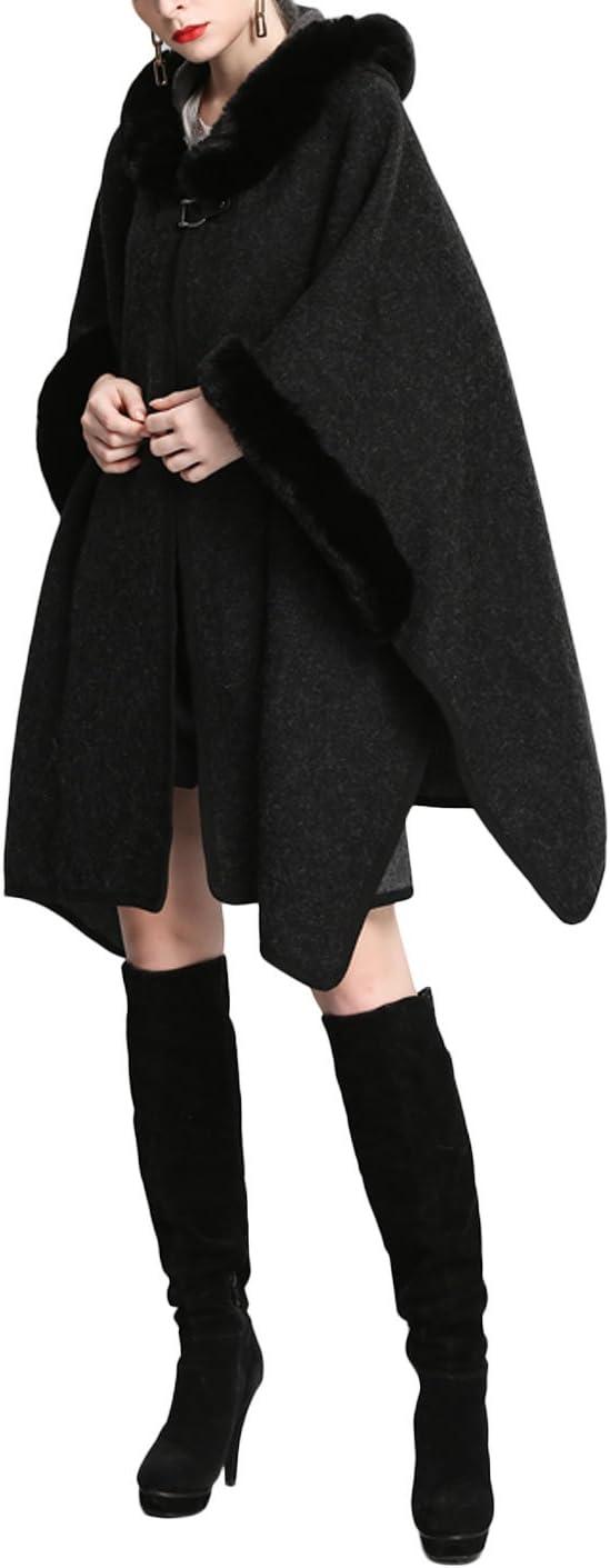 imageGihuo Womens Luxury Batwing Sleeve Faux Fur Hooded Cloak Poncho Sweater CapeBlack