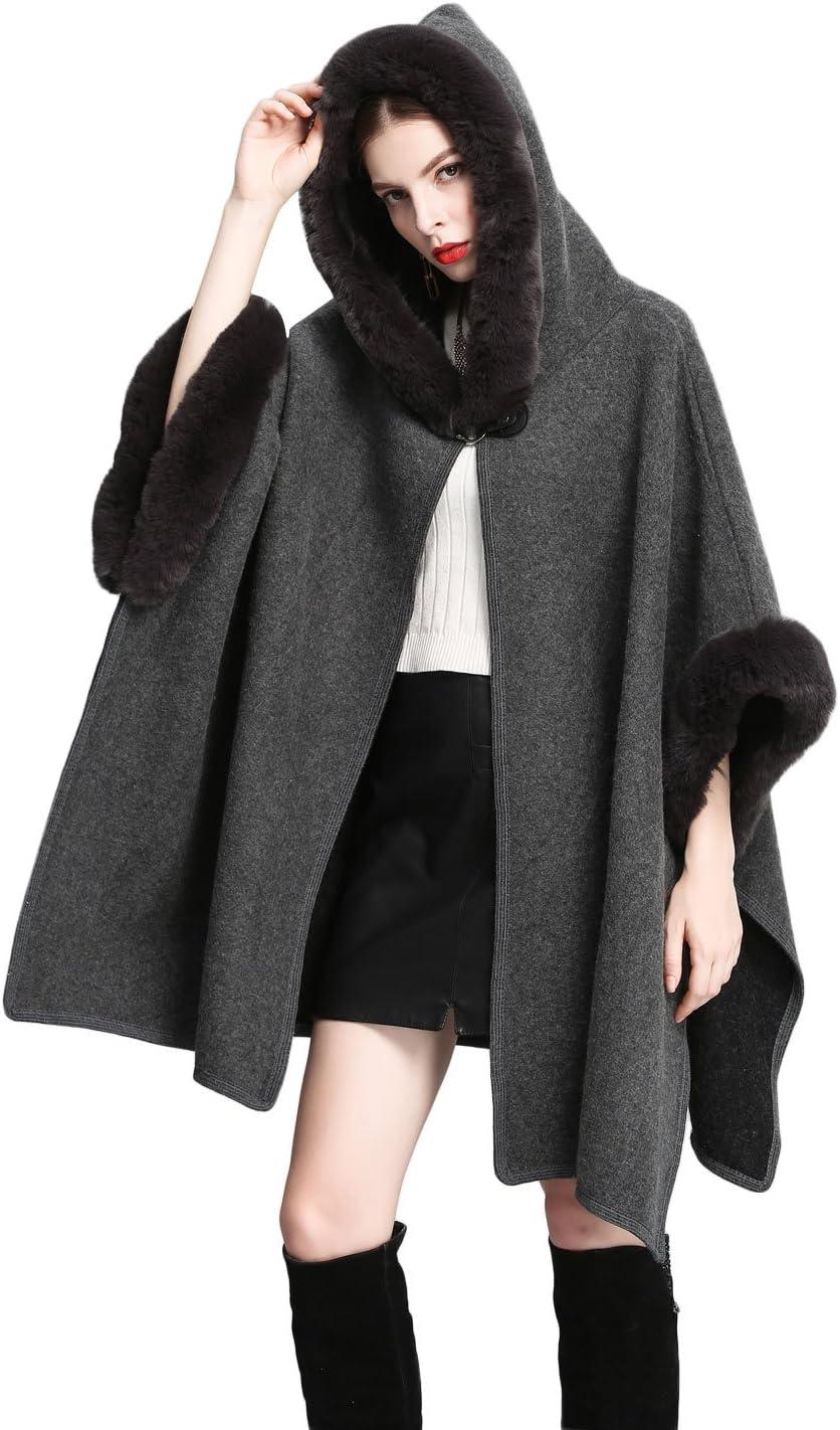 imageGihuo Womens Luxury Batwing Sleeve Faux Fur Hooded Cloak Poncho Sweater CapeGray