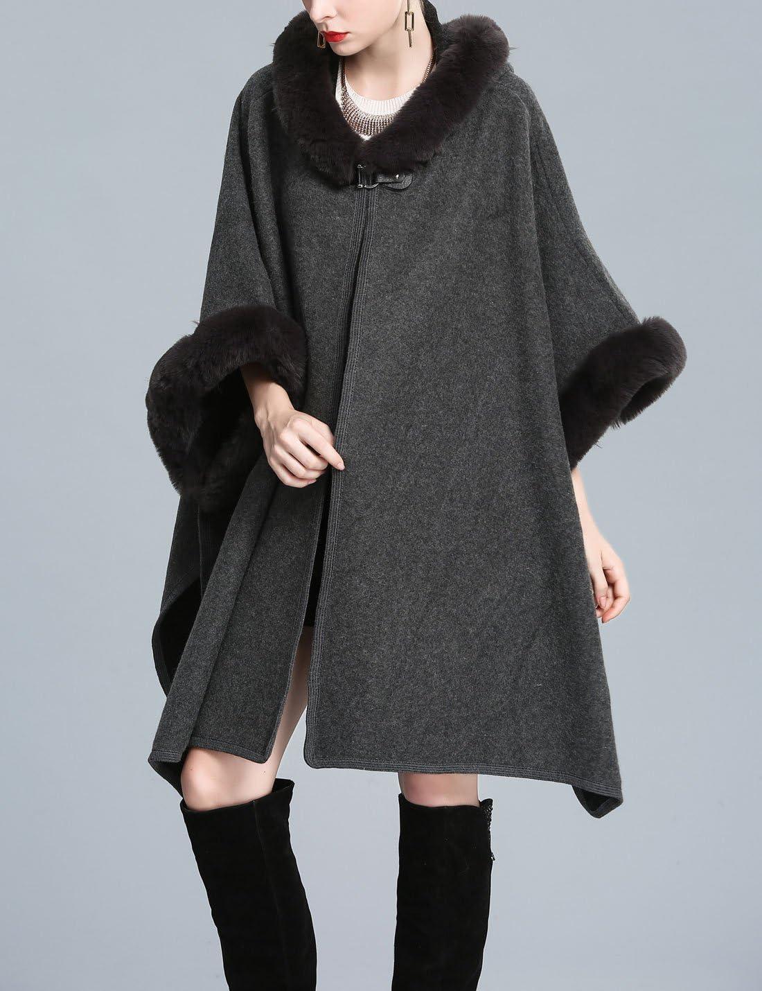 imageGihuo Womens Luxury Batwing Sleeve Faux Fur Hooded Cloak Poncho Sweater CapeGray