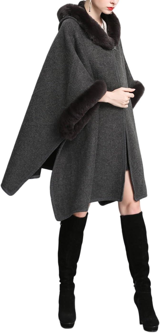 imageGihuo Womens Luxury Batwing Sleeve Faux Fur Hooded Cloak Poncho Sweater CapeGray