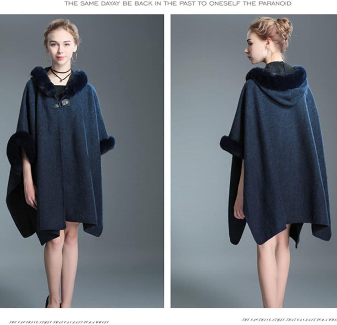 imageGihuo Womens Luxury Batwing Sleeve Faux Fur Hooded Cloak Poncho Sweater CapeNavy