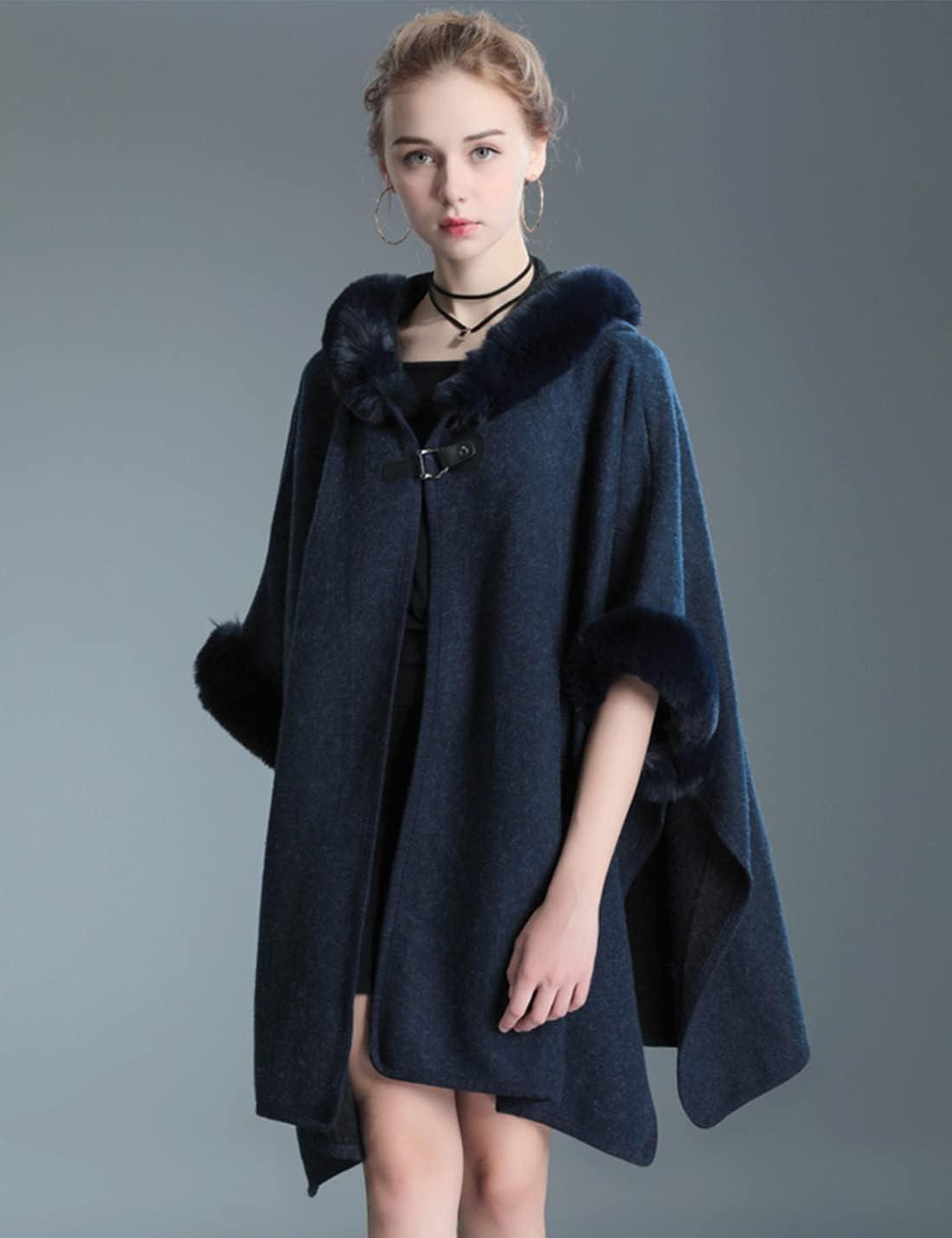 imageGihuo Womens Luxury Batwing Sleeve Faux Fur Hooded Cloak Poncho Sweater CapeNavy