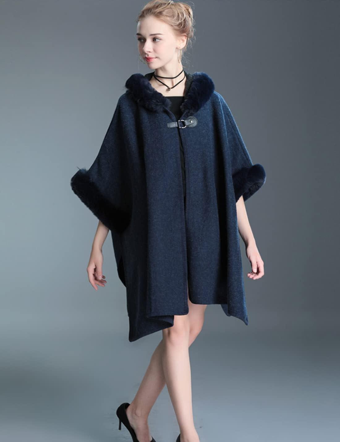 imageGihuo Womens Luxury Batwing Sleeve Faux Fur Hooded Cloak Poncho Sweater CapeNavy