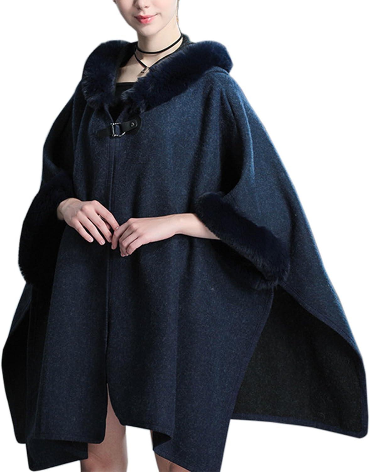 imageGihuo Womens Luxury Batwing Sleeve Faux Fur Hooded Cloak Poncho Sweater CapeNavy
