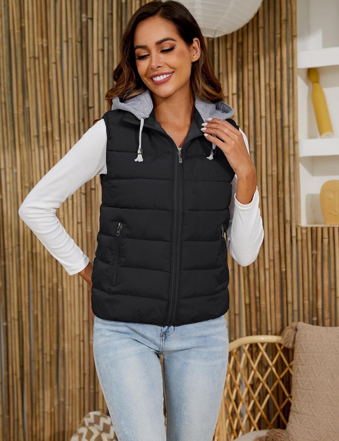 imageGihuo Womens Puffer Vest Zip Up Quilted Padded Winter Sleeveless Hooded Vest Gilet Warm Jacket Outerwear Vest02BlackLarge