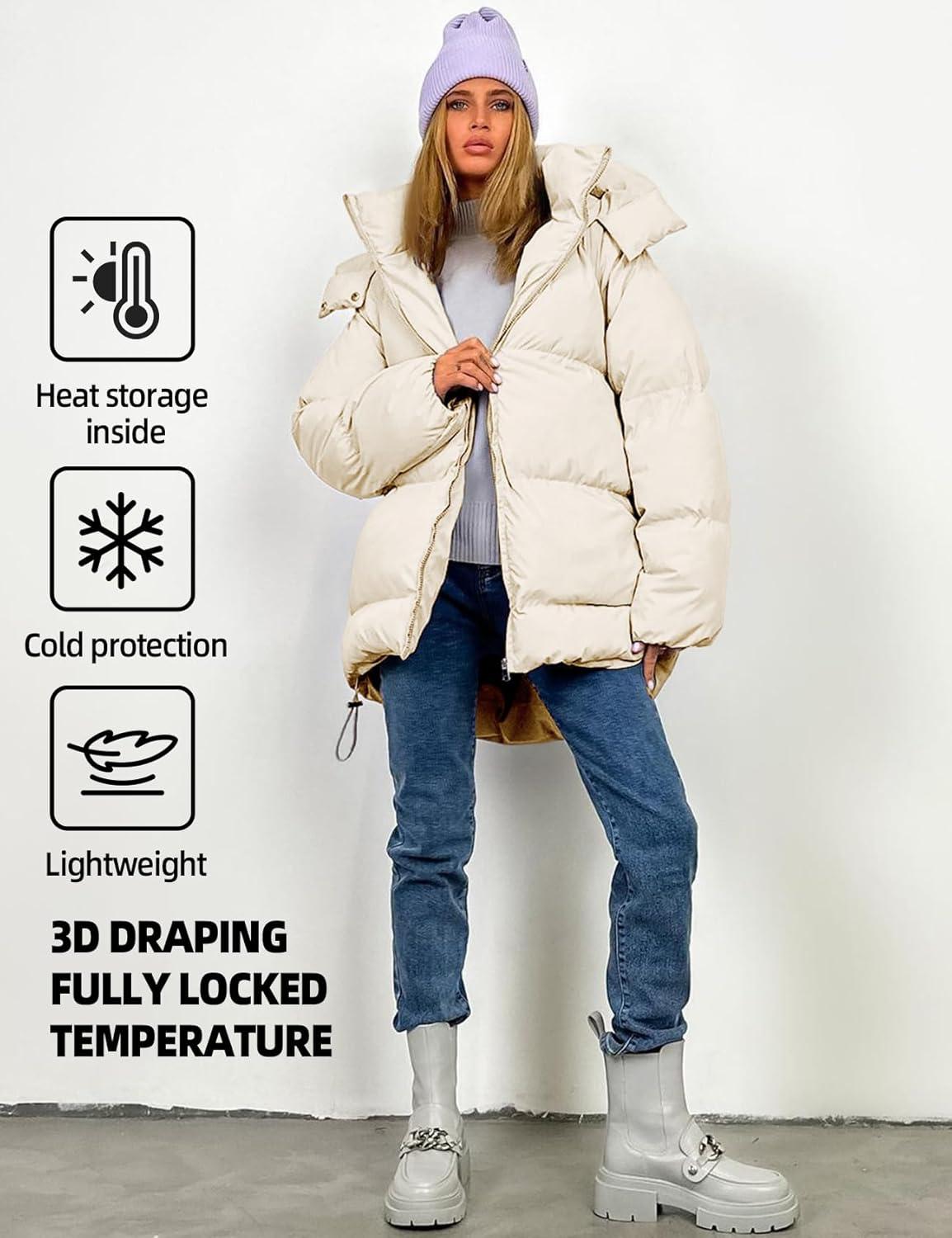 imageGihuo Womens Quilted Puffer Coat Hoodie Winter Oversized MidLength Padded Down Jacket Warm Heavyweight Bubble OuterwearBeige