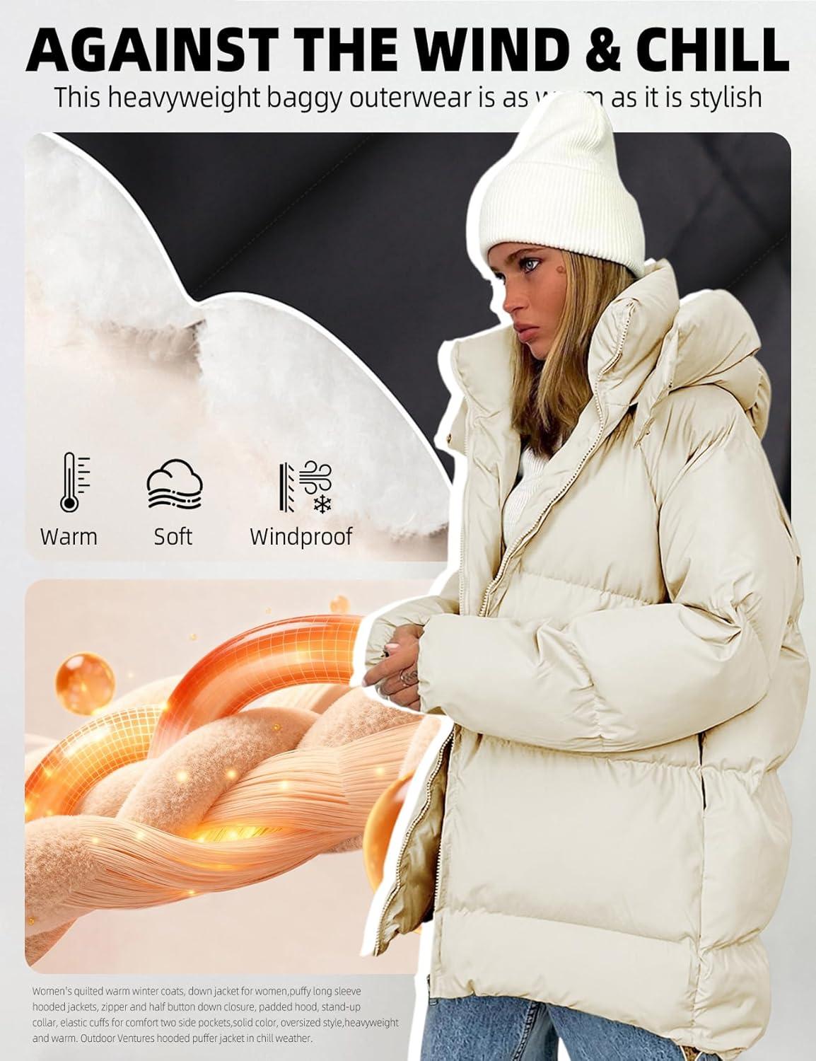 imageGihuo Womens Quilted Puffer Coat Hoodie Winter Oversized MidLength Padded Down Jacket Warm Heavyweight Bubble OuterwearBeige