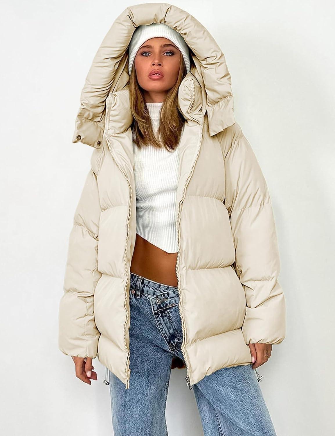 imageGihuo Womens Quilted Puffer Coat Hoodie Winter Oversized MidLength Padded Down Jacket Warm Heavyweight Bubble OuterwearBeige