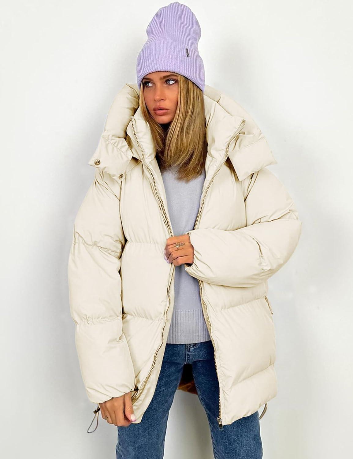 imageGihuo Womens Quilted Puffer Coat Hoodie Winter Oversized MidLength Padded Down Jacket Warm Heavyweight Bubble OuterwearBeige