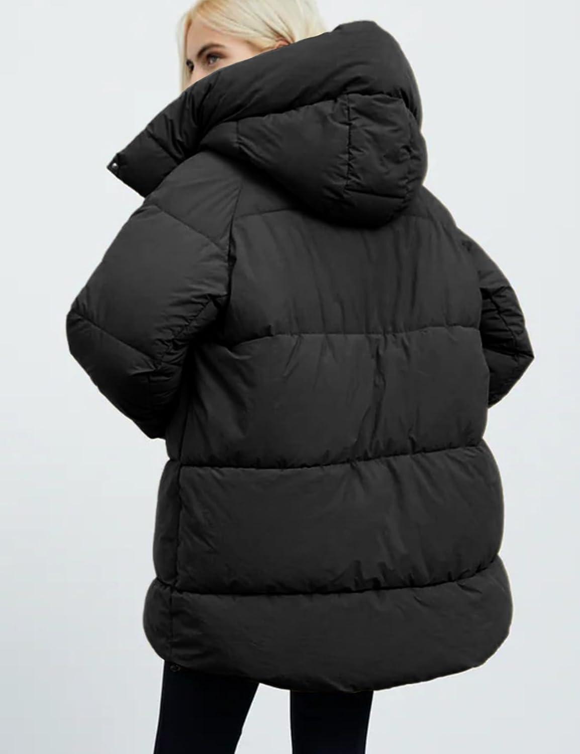 imageGihuo Womens Quilted Puffer Coat Hoodie Winter Oversized MidLength Padded Down Jacket Warm Heavyweight Bubble OuterwearBlack