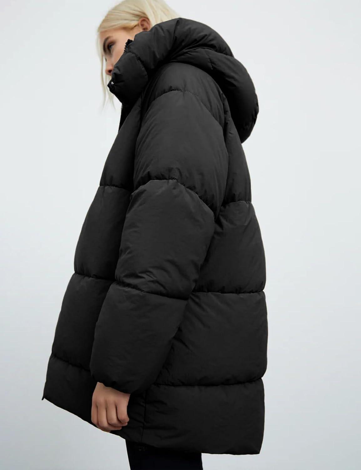 imageGihuo Womens Quilted Puffer Coat Hoodie Winter Oversized MidLength Padded Down Jacket Warm Heavyweight Bubble OuterwearBlack