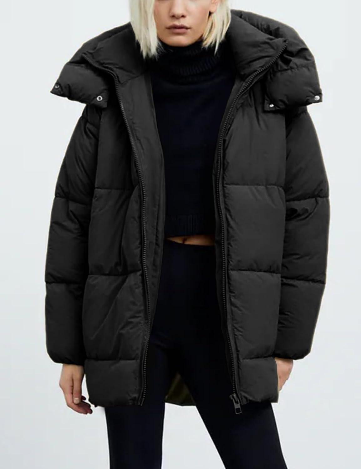 imageGihuo Womens Quilted Puffer Coat Hoodie Winter Oversized MidLength Padded Down Jacket Warm Heavyweight Bubble OuterwearBlack