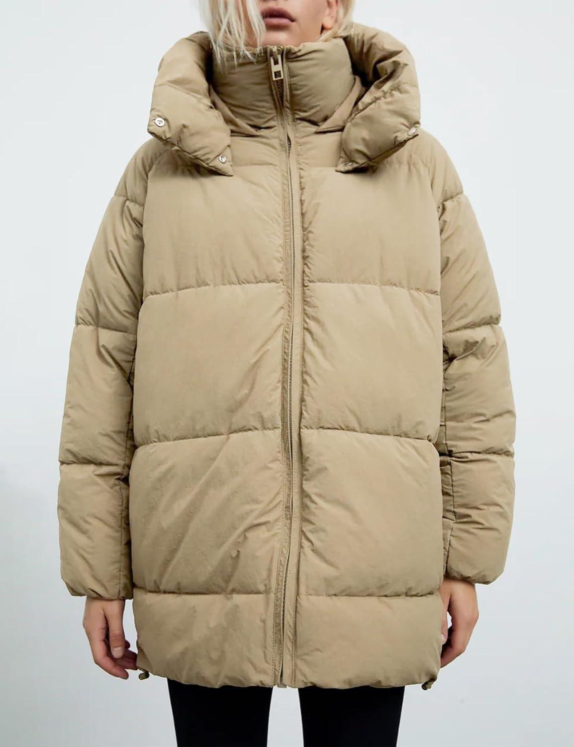 imageGihuo Womens Quilted Puffer Coat Hoodie Winter Oversized MidLength Padded Down Jacket Warm Heavyweight Bubble OuterwearKhaki