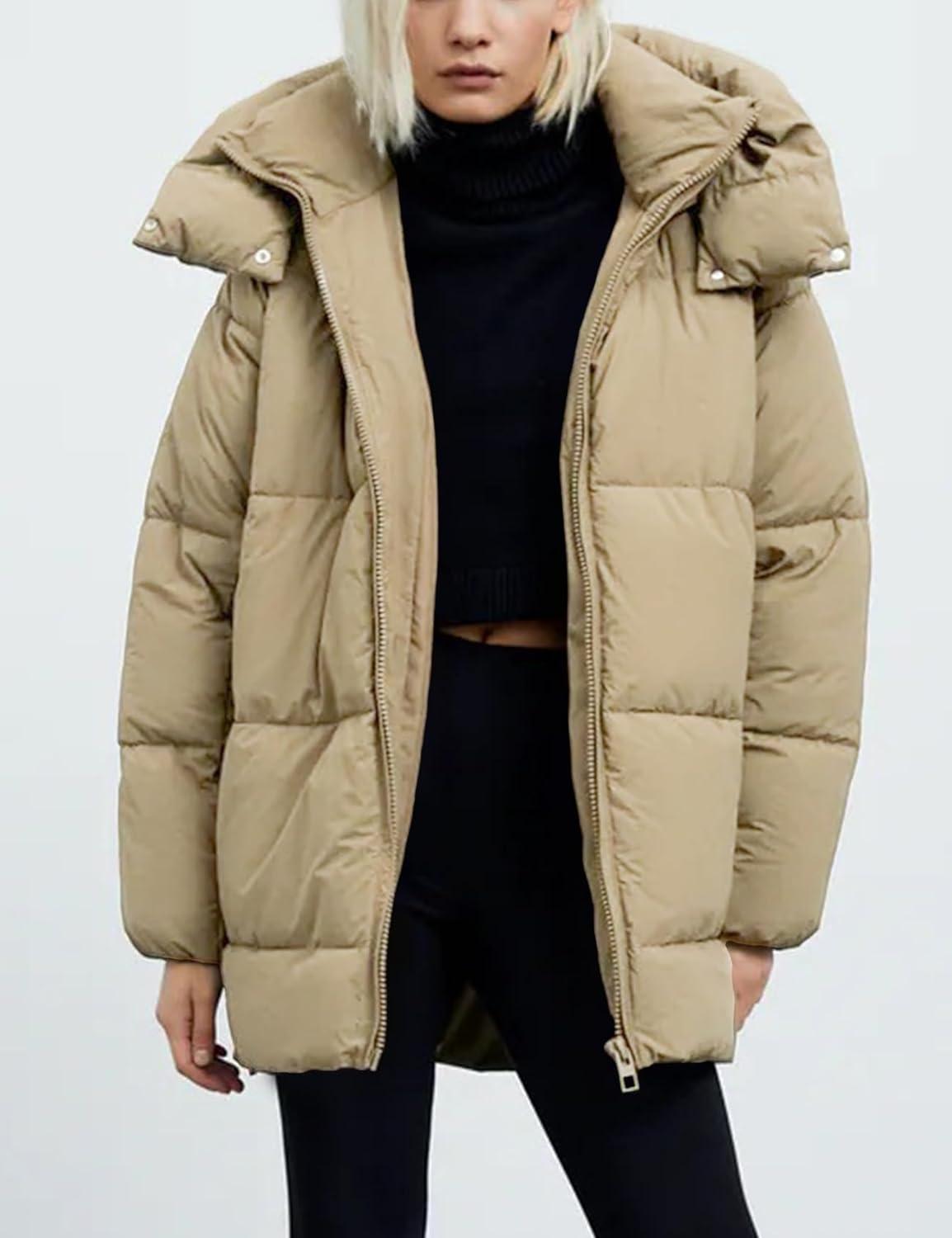 imageGihuo Womens Quilted Puffer Coat Hoodie Winter Oversized MidLength Padded Down Jacket Warm Heavyweight Bubble OuterwearKhaki